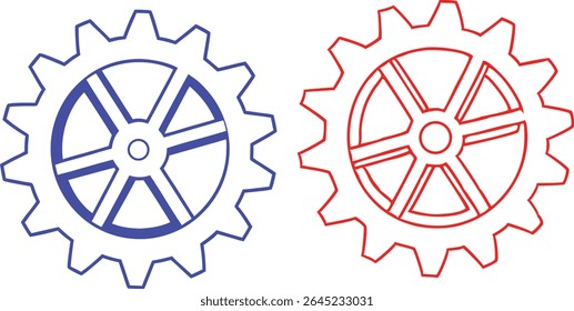 Two outlined gears in blue and red against a white background. This image features gear, gears, cog, cogs, wheel.