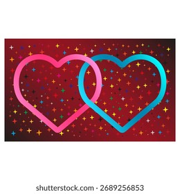 Dos corazones perfilados con estrellas crean una vibrante atmósfera romántica para los diseños. EPS 10. Corazones coloridos con estrellas brillantes sobre un fondo rojo vibrante para temas románticos