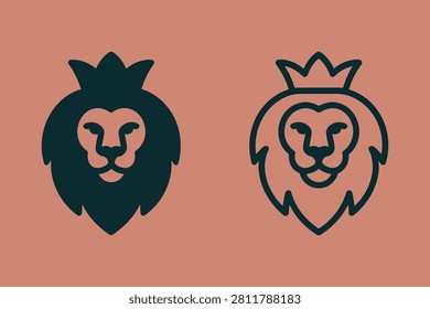 Two outlined lion heads wearing crowns against peach colored backdrop