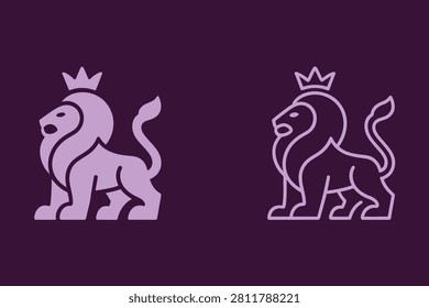 Two outlined lions standing with crowns on purple backdrop