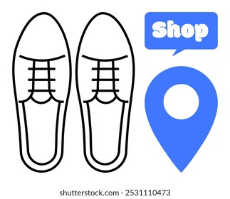 Dos zapatos delineados y un alfiler de ubicación con la palabra Tienda dentro de una burbuja de discurso. Ideal para tiendas minoristas, moda, mapas, calzado, guías de compras y temas de comercio electrónico. Estilo de arte de línea simple