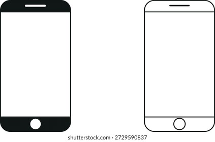 Dos ilustraciones delineadas de teléfonos inteligentes que muestran pantallas en blanco y características básicas del teléfono en monocromo.