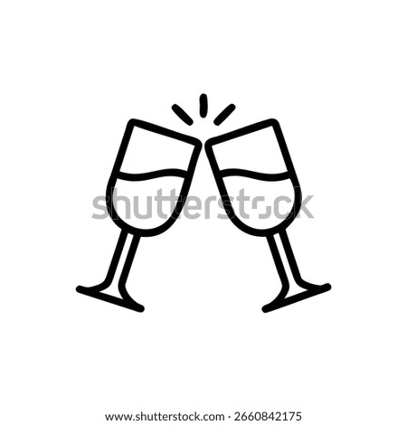 Two outlined wine glasses clinking together with liquid cheers toast