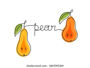 Dos contornos de peras enlazadas por texto. Dibujo de color con una línea continua negra. Afiche horizontal, imprimir. Ilustración estilizada a mano de frutos de verano, letras a mano alzada. Vector lineal delgado