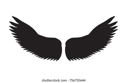 Two outspread large wings with long fluffy plume. Dark monochrome ink hand drawn logotype in art retro contour print style with space for text on light sky