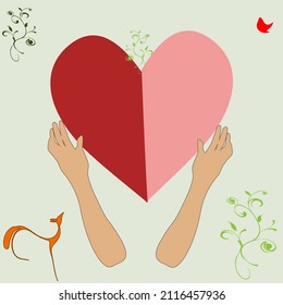 Two outstretched hands hold a red heart. Delicate flowers and fox
