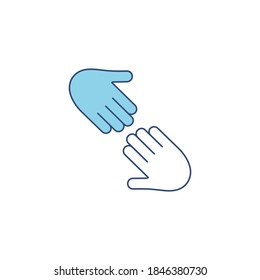 Two outstretched hands icon. Blue arms outline. Help and teamwork concept vector illustration. Voluntary, charity, donation symbol.