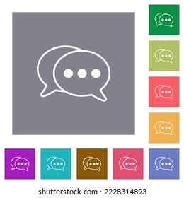 Two oval active chat bubbles outline flat icons on simple color square backgrounds