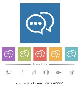 Two oval active chat bubbles outline flat white icons in square backgrounds. 6 bonus icons included.