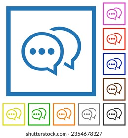 Two oval active chat bubbles outline flat color icons in square frames on white background