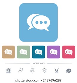 Two oval active chat bubbles solid white flat icons on color rounded square backgrounds. 6 bonus icons included