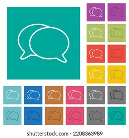 Two oval chat bubbles outline multi colored flat icons on plain square backgrounds. Included white and darker icon variations for hover or active effects.