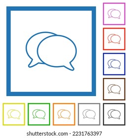 Two oval chat bubbles outline flat color icons in square frames on white background