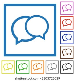 Two oval chat bubbles outline flat color icons in square frames on white background