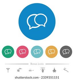 Two oval chat bubbles outline flat white icons on round color backgrounds. 6 bonus icons included.