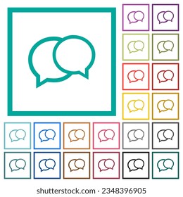 Two oval chat bubbles outline flat color icons with quadrant frames on white background