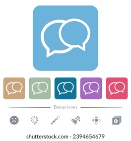 Two oval chat bubbles outline white flat icons on color rounded square backgrounds. 6 bonus icons included