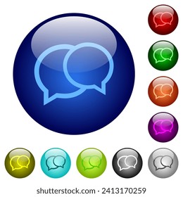 Two oval chat bubbles outline icons on round glass buttons in multiple colors. Arranged layer structure