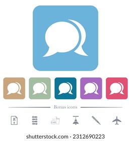 Two oval chat bubbles solid white flat icons on color rounded square backgrounds. 6 bonus icons included