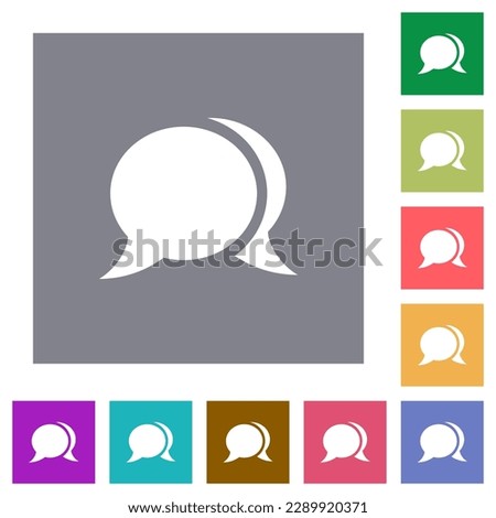 Two oval chat bubbles solid flat icons on simple color square backgrounds