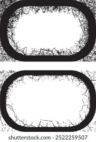 two oval frames with cracks on them, two black and white frames with grunge paint, a set of grunge frames with black and white designs illustrations