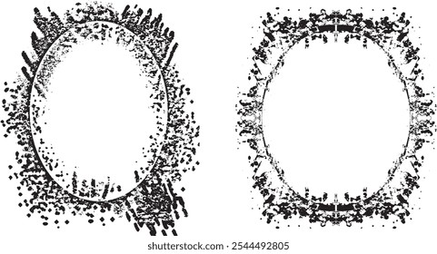 Dos marcos ovalados con salpicaduras de pintura grunge, un marco de imagen en blanco y negro de un espejo y un marco negro con un borde negro, conjunto de marco grunge