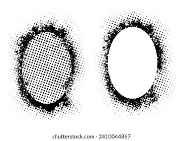 two oval frames with halftone dots on white background, black and white frame set, a black and white circle with a grunge effect photo frame with halftone dot ,