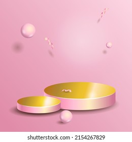 Two oval podiums on a pink background with balls and serpentine. Summer background vector 3d rendering with podium. stand for the demonstration of cosmetic products. 
