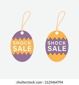 Dos etiquetas de promoción de etiquetas de forma ovaladas, estilo de diseño plano, color púrpura y amarillo, ilustración vectorial