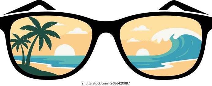 Duas ilustrações em forma oval retratam cenas de praia tropical. Um mostra palmeiras em uma praia arenosa, o outro uma onda grande.