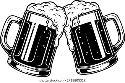 Duas canecas de cerveja transbordantes que se aglomeram juntas em espuma preta e branca