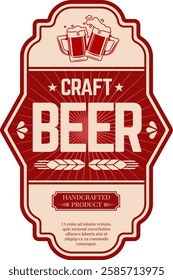 Two overflowing beer mugs toasting on a craft beer label, red and beige, with ears of wheat, stars and the words craft beer and handcrafted product