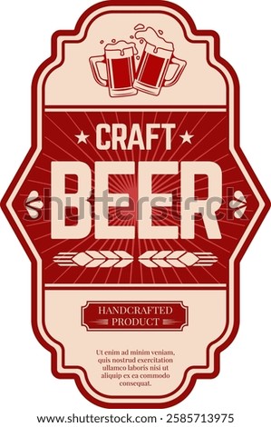 Two overflowing beer mugs toasting on a craft beer label, red and beige, with ears of wheat, stars and the words craft beer and handcrafted product