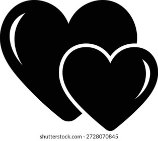 Dos corazones negros superpuestos con reflejos blancos en un símbolo de amor de fondo blanco