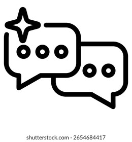 Zwei sich überlappende, schwarze Chatblasen mit einem glitzernden Symbol stellen Kommunikation und Interaktion auf weißem Hintergrund dar, geeignet für Social Media und Messaging-Anwendungen.