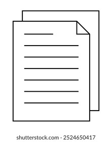 Two overlapping documents with horizontal lines representing text in a clean, minimalist line art style. Ideal for document management, office tasks, writing and editing, organizational themes