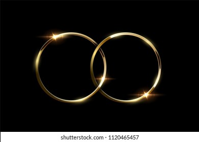 Two overlapping golden rings isolated on black background. Vector luxury design element.