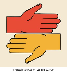 two overlapping hands in red and yellow, creating a visually striking and harmonious composition flat color vector illustration template design