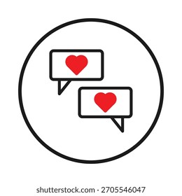 Duas bolhas de conversação cheias de coração sobrepostas enfatizam afeto e conexão on-line em uma ilustração digital estilizada. Significando compartilhamento de sentimentos através de redes digitais simbolizando