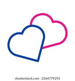 Two overlapping heart icons, blue and pink. Concept of love, relationship, and dating.