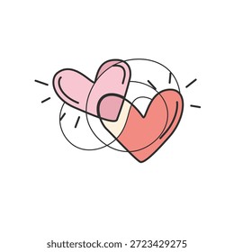 Dois corações sobrepostos em estilo de arte de linha abstrata. Ilustração de vetor pastel mínimo simbolizando amor, conexão, harmonia e unidade emocional.