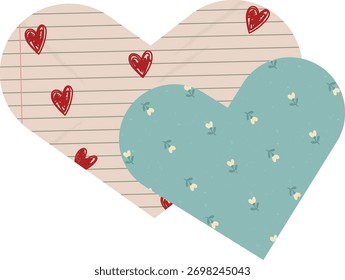 Two overlapping hearts with distinct patterns, one lined with red hearts and the other with small flowers. The heart shapes are creatively designed with unique textures. Cartoon vector illustration.