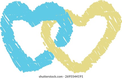 Dois corações sobrepostos desenhados com um efeito rabisco. O estilo de esboço cria uma aparência texturizada. Ilustração de vetor de desenhos animados.