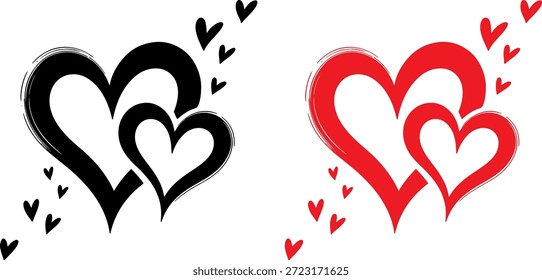 Dos corazones superpuestos con Elementos de corazón flotantes en diseño rojo y negro. Perfecto para tarjetas de San Valentín, invitaciones de boda, proyectos románticos, temas de amor y obras de arte de celebración de relaciones.