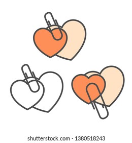 Two overlapping hearts united with staple - love or valentine icon