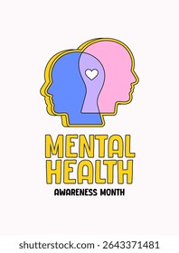 Two overlapping human head silhouettes in pink and blue with a heart symbol inside. The artwork promotes Mental Health Awareness Month cartoon illustration vector hand drawn