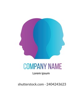 Dos cabezas humanas abrumadoras en una idea de psicología azul y púrpura. Brainstorming y el concepto de conversación de negocios arte vectorial