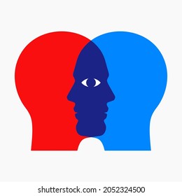 Two overlapping man faces, looking through each other with one shared eye. Psychological concept vector illustration.