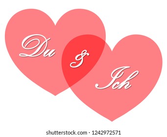 Two overlapping red hearts, German: "Du & Ich" - vector / isolated