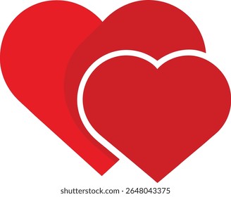 Two overlapping red hearts symbolize love and affection isolated on white background